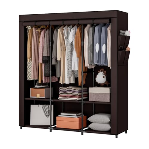 SORCEDAS Portable Closet Wardrobe Storage Organizer Metal Hanging Rack Non-Woven Fabric 50 Inch (Coffee) - color: Coffee, size: 50 Inch