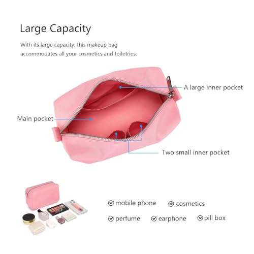 Organizer Bag Lightweight Cosmetic Bag with Ring Clasp Perfect Travel Makeup Bag for Women nylon Stand Up Design (Pink/Nylon) - color: Pink/Nylon