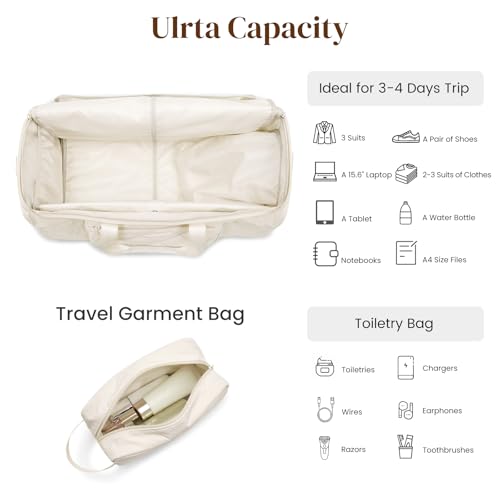S-ZONE Garment Duffle Bags for Travel Carry on Convertible 2 in 1 Suit Bags Hanging Suitcase with Toiletry Bag 50L - color: Off-white