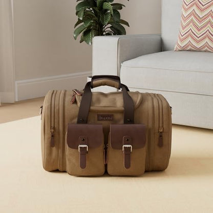 Wildroad 60L Travel Duffel Bag, Expandable Canvas Genuine Leather Duffle Bag Upgraded Overnight Weekender Bag Carry on Bag (Coffee, X Large-60L) - color: Coffee, size: X Large-60L Duffle Bag