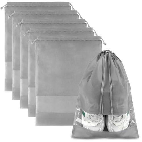 Shoe Bags for Travel, 5 Pcs Large Gray Travel Shoe Bags for Packing, Non-Woven Drawstring Travel Shoe Storage Bag with Clear Window for Men and Women（12.6" X 17.3" ） - color: Grey, style: 5 Pack