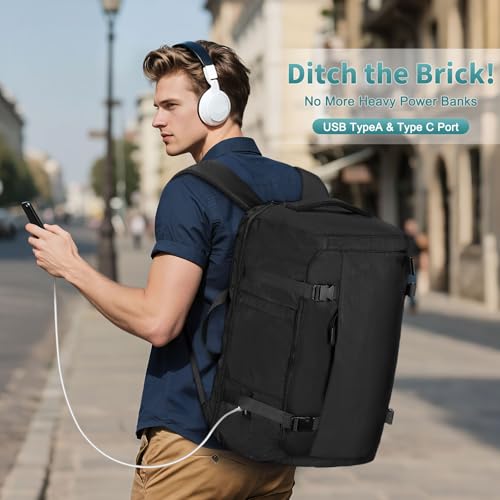 40L Travel Backpack, TSA Friendly Flight Approved Carry on Backpack for Men Women, Fits 17.3 Inch Laptop with USB-A&C Ports, Weekender Bag, Black - color: Black