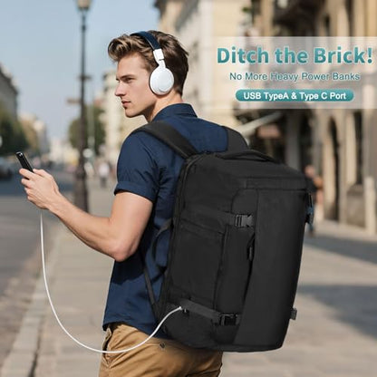 40L Travel Backpack, TSA Friendly Flight Approved Carry on Backpack for Men Women, Fits 17.3 Inch Laptop with USB-A&C Ports, Weekender Bag, Black - color: Black