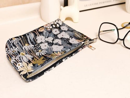 HAPPYHEIDI Cute Floral Makeup Bag Cosmetic Travel Pouch with Bottom and Zipper, Purse Make Up Organizer, Aesthetic Textured Fabric, Medium - color: Classic Black Floral Medium