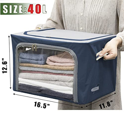Clothes Storage Box Bins Stackable Foldable Organizer,Sturdy Handles with Metal Frame for Clothing Bedding Shelves,Closet Container with Clear Window Zipper and Label Holder (Navy, 40L x3 Pack) - color: Navy, 40L x3 Pack