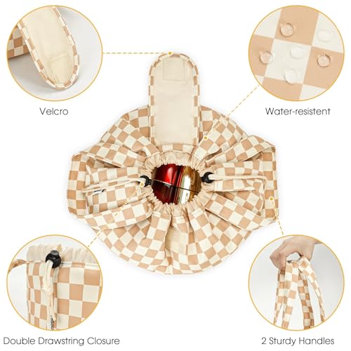 Narwey Lay Flat Open Drawstring Makeup Bag, Large Cosmetic Bag for Women Girls, Cute Make up Bags, Portable Travel Toiletry Bag for Skincare, Brushes & Travel Essentials (Brown Checkerboard) - color: Z-Light Checkerboard