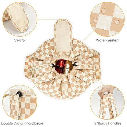 Narwey Lay Flat Open Drawstring Makeup Bag, Large Cosmetic Bag for Women Girls, Cute Make up Bags, Portable Travel Toiletry Bag for Skincare, Brushes & Travel Essentials (Brown Checkerboard) - color: Z-Light Checkerboard