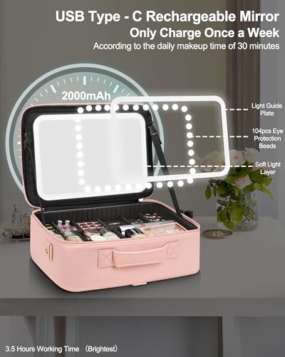 Relavel Makeup Bag with LED Mirror, 16.2 inches Large Makeup Case Travel Portable Cosmetic Organizer Vanity Case for Women, Rechargeable Lighted Mirror Professional Makeup Artists Storage Box (Pink) - color: with mirror pink, size: Large