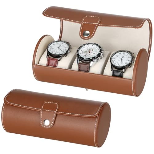 3-Slot Travel Case Roll Organizer for Men, Vegan PU Leather Display Storage Holder for Watch Collection (Brown) - color: Brown