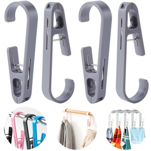 CREATCABIN 4 Pcs White Laundry Hooks with Clips Plastic Clothes Pins Clips Hook Multipurpose Portable Clothes Hanger Organizer Clamps Socks Towels for Travel Bathroom Kitchen Office 5.28×1.65 Inch - color: White