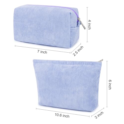 SOIDRAM 2 Pcs Corduroy Makeup Bag Large Cosmetic Bag Toiletry Bag Makeup Pouch Travel Bag Organizer Cute Makeup Brushes Aesthetic Accessories Storage Bag for Women Blue - color: Blue #06