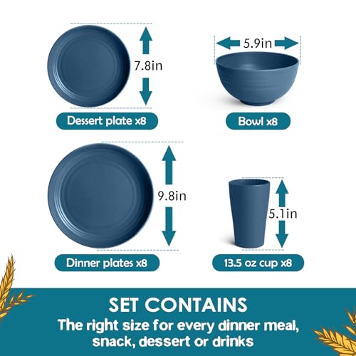 Teivio 32-Piece Kitchen Plastic Wheat Straw Dinnerware Set, Service for 8, Dinner Plates, Dessert Plate, Cereal Bowls, Cups, Unbreakable Colorful Plastic Outdoor Camping Dishes, Autumn Blue - color: Autumn Blue