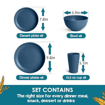 Teivio 32-Piece Kitchen Plastic Wheat Straw Dinnerware Set, Service for 8, Dinner Plates, Dessert Plate, Cereal Bowls, Cups, Unbreakable Colorful Plastic Outdoor Camping Dishes, Autumn Blue - color: Autumn Blue