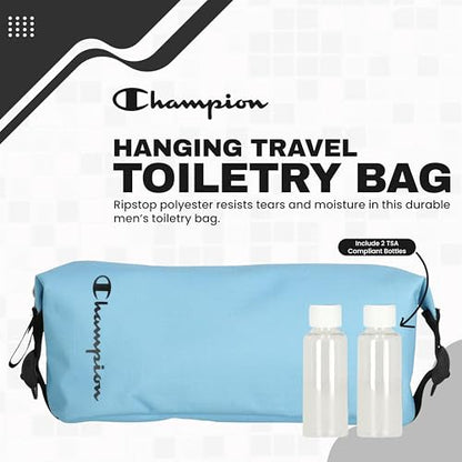 Champion - Hanging Toiletry Bag - Travel Sized Polyester Bag — Water-Resistant, Cosmetics Organizer Bag with Two Compliant Bottles - Lightweight Portable Zipped Bag for Unisex – Blue - 10"x3.9"x3.9" - style: Cendre Blue