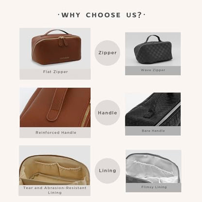 Travel Makeup Bag – Large Cosmetic Organizer with Waterproof PU Leather, Smooth Double Zipper & Tear-Resistant Lining, Toiletry Pouch for Women (Brown) - color: 01-Brown