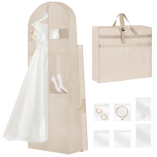 Wedding Dress Garment Bag,72" Tri-Fold Bridal Gown Bag with 6 Pouches and Adjustable Buckle Gown Cover for Wedding/Prom/Travel/Closet Storage (Beige) - color: Beige