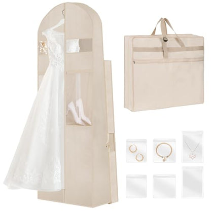 Wedding Dress Garment Bag,72" Tri-Fold Bridal Gown Bag with 6 Pouches and Adjustable Buckle Gown Cover for Wedding/Prom/Travel/Closet Storage (Beige) - color: Beige