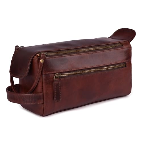 LEATHER VILLAGE Genuine Leather Travel Toiletry Bag - Water-Resistant Dopp Kit for Toiletries, Large Shaving Bag & Bathroom Organizer - Gift for Men & Women - Cherry Brown - color: Cherry Brown