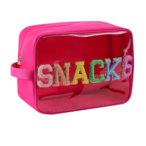 Snack Bags Clear Makeup Bag Large Suncreen Bag Travel Toiletry Bag Chenille Glitter Nylon Cosmetic Pouch (XL, Hot Pink-Snacks) - color: Clear HotPink-Snacks, size: XL