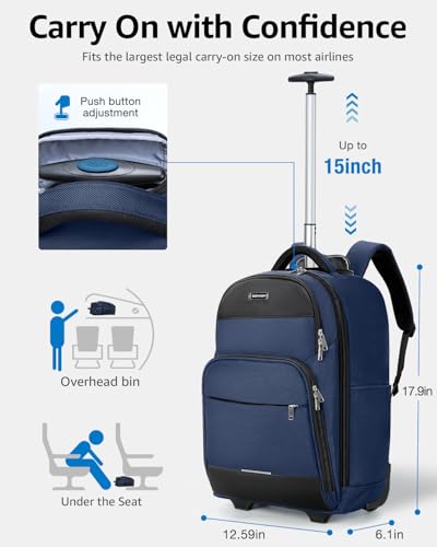 Ponhog Rolling Backpack, 30L Travel Laptop Backpack with Wheels, 15.6 Inch Personal Item Roller Luggage with USB Charging Port Flight Approved for Men Women Adults, Blue - color: Blue