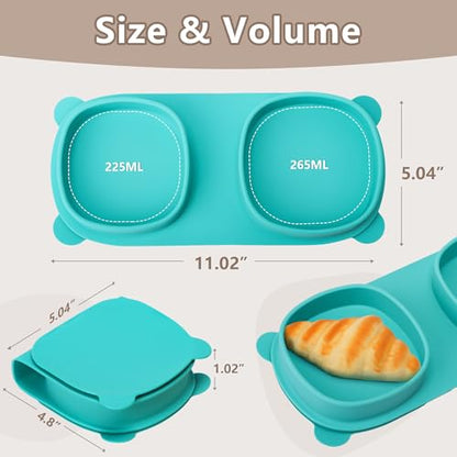 Baby Plates with Suction with Forks and Spoons, Foldable Silicone Toddler Plates, Baby Travel Essential, Microwave & Dishwasher Safe, Aqua - color: Aqua, style: Suction