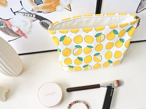 HAPPYHEIDI Canvas Makeup Bag, Cosmetic Travel Pouch, Cute Lemon, Cotton Blend, Fruit Pattern, Zipper Closure, 7.1x2.4x7 Inches - color: GR-Canvas-Cute Lemon