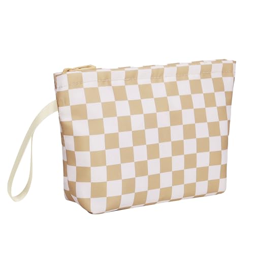 Ethereal Small Makeup Bag, Checked Travel Makeup Bag with Makeup Brush Holder, Cosmetic Bag Black Make up Pouch for Women/Girls - color: 06-khaki mini