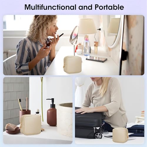 Wandering Nature Small Makeup Bag for Purse Mini Make up Pouch Cute Cosmetic Pouch for Women with Slip-in Pockets Eco Vegan Leather, Beige - color: Beige