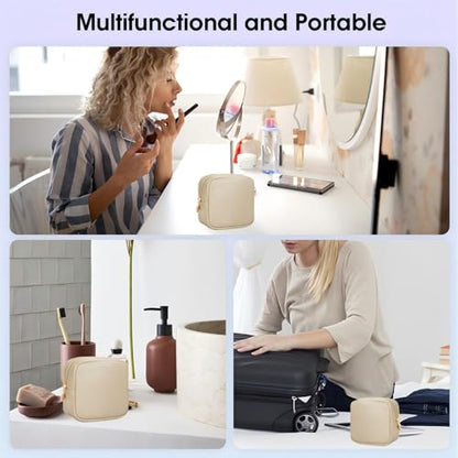 Wandering Nature Small Makeup Bag for Purse Mini Make up Pouch Cute Cosmetic Pouch for Women with Slip-in Pockets Eco Vegan Leather, Beige - color: Beige