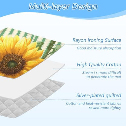 Green Striped Sunflowers and Bees Ironing Mat for Table top Portable Ironing Pad Blanket for Washer Dryer Countertop Travel - color: Green Striped Sunflowers and Bees