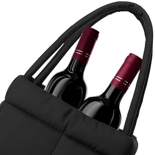 PUFT Puffer Wine Tote Bag – Insulated Wine Bottle Carrier for Bottles – Trendy Quilted Wine Bag - color: 2 Bottles Black