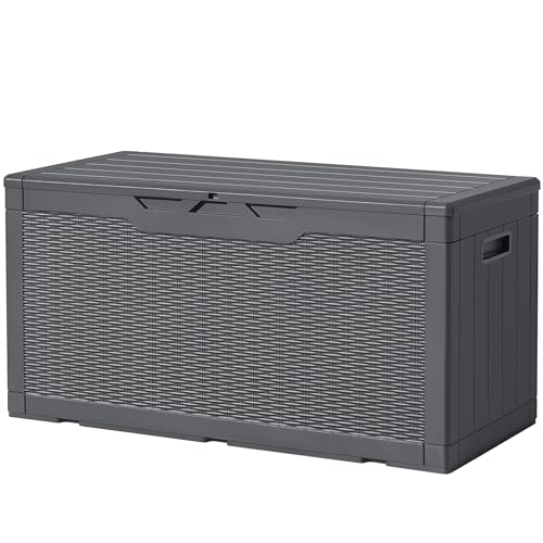 Devoko 97 Gallon Deck Box, Waterproof Resin Outdoor Storage Box for Outside and Patio, Large Outdoor Storage Bench Cabinet Lockable for Patio Furniture, Garden Tools and Pool Supplies (Gray) - color: Grey, size: 97 Gallon 1 Pack