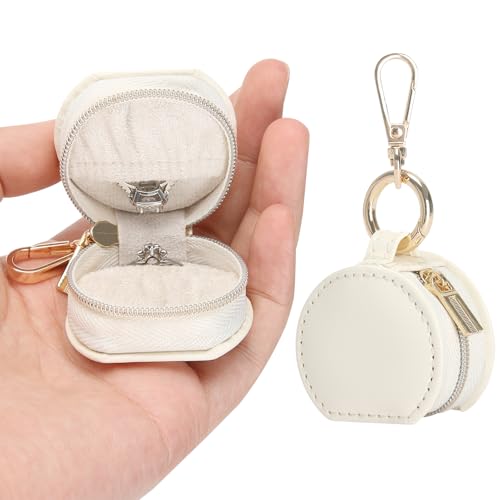 KUKUVR Jewelry Ring Holder Storage Box with Keychain, Portable Gym Jewelry Storage Case, Small Travel Ring Earring Stud Necklace Storage Case for Women Girl (White) - color: White
