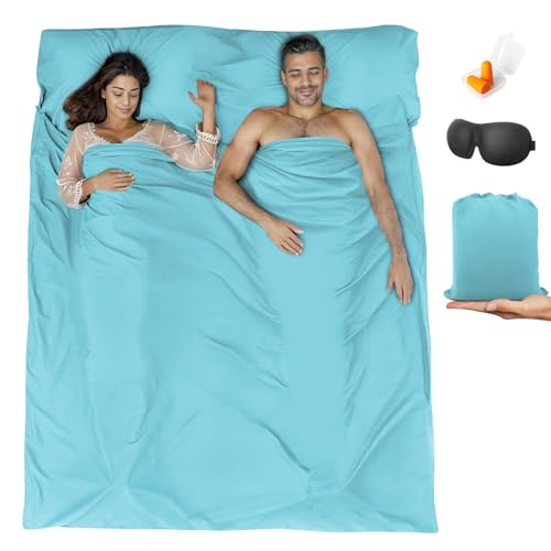 Sleeping Bag Liner,Travel Sheet & Adult Sleep Sack, Camping Sheets Travel Sleep Sack for Backpacking,Hotels & Hostels -Lightweight Single &Double Travel Sheet Camping Sheets - color: Double Glacier Blue