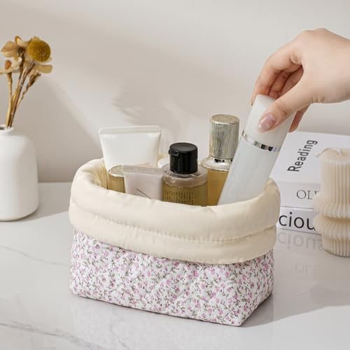 uekeboag Cotton Quilted Seersucker Makeup Bag with Canvas Lining,Coquette Aesthetic Cute Travel Toiletry Bag,Drawstring Gift Bag for Women and Girls（Pinkfloral） - color: Pinkfloral
