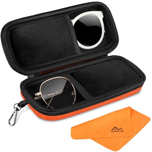 Double Glasses Case Hard Shell, Orange Dual Sunglasses Organizer with Zipper and Cleaning Cloth, Shockproof Travel Eyewear Storage Case for Car