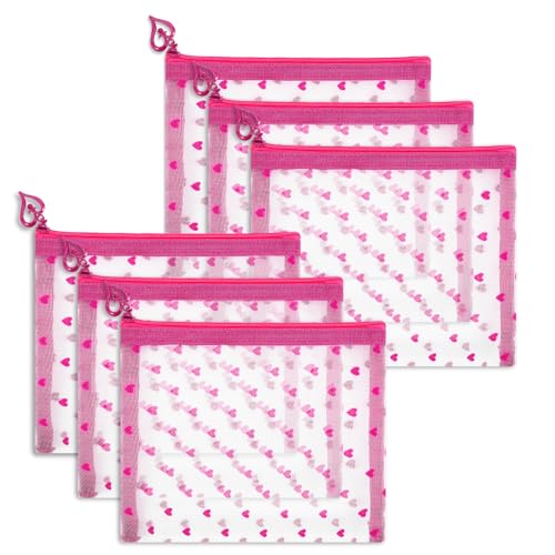 6 Pack Mini Zipper Mesh Makeup Bags, Heart Print Nylon Cosmetic Bags Toiletry Bags for Office Travel Organization (Hot Pink, S) - color: Hot Pink, size: S