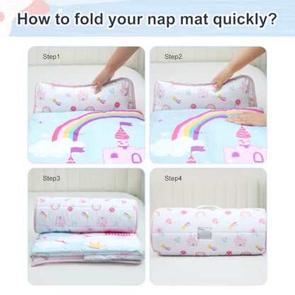 PHF Soft Toddler Nap Mat with Removable Pillow, Rollup Design Kids Sleeping Mat, Slumber Bags for Girls, 50"x20" Toddler Sleeping Bag for Daycare Preschool Travel Camping, Castle - color: Castle