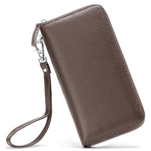 Moflycom Womens Wallet RFID Blocking Genuine Leather Zip Around Wallet Clutch Wristlet Travel Long Purse for Women - color: Coffee