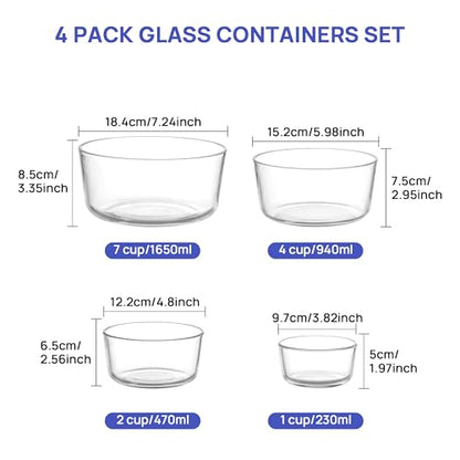 Vtopmart 4 Pack Glass Bowls with Lids (1, 2, 4, 7 Cup), Food Storage Containers, Meal Prep and Leftovers Keeper, Lunch Container, Microwave, Dishwasher & Freezer Safe