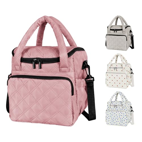 Women's Insulated Lunch Tote Bag - Inch Quilted Lunch Box for Women, Large Waterproof Cooler Bag with Pockets for Work, Picnic, Adult (deep pink) - color: deep pink