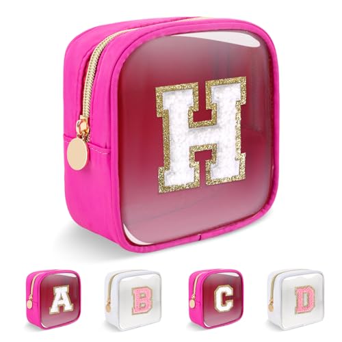 Personalized Initial Letter Clear Preppy Makeup Bag,Mini Nylon Chenille Letter Cosmetic Bag Cute Zipper Pouch Coin Purse for Teen Girls,Portable TSA Approved Travel Essentials Bag Gift for Women,H - color: Mini-Hot Pink, size: H