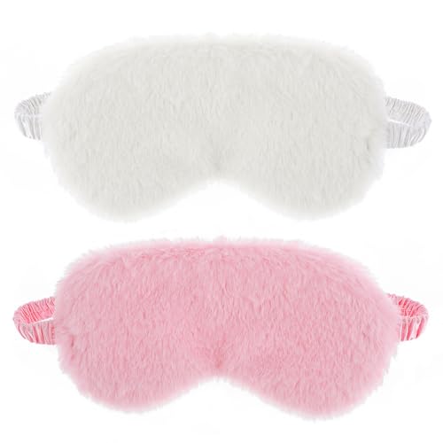 2 Pcs Plush Fluffy Eye Mask Soft Sleeping Blindfold Eye Cover Comfortable Furry Faux Fur Sleeping Mask Satin Nap Night Eyeshade Cover for Women Men Gift (White, Pink) - color: White&pink