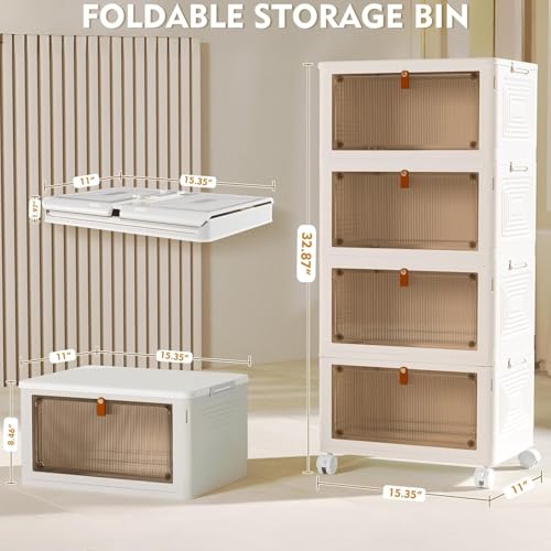 YFXCVSL 4 Tier Plastic Storage Bins with Lid 23QT, Stackable Storage Containers with Wheels, Folding Storage Boxes, Stackable Storage Bins, Organizers and Storage for Living Room,Office,Dorm - size: 4-Tier 23QT