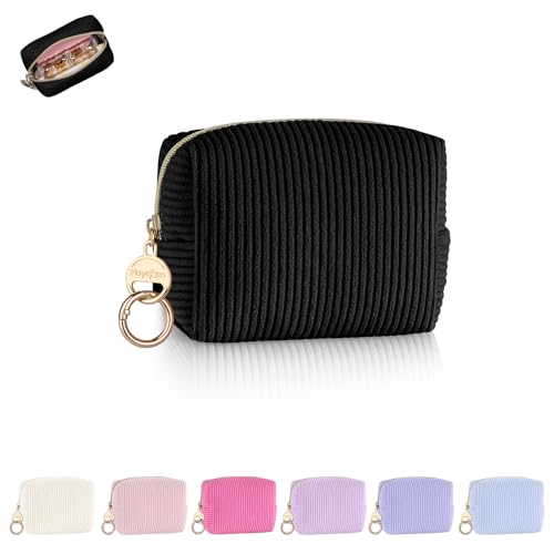 Mini Makeup Bag, Corduroy Small Cosmetic Bag for Purse with Ring Buckle, Portable Travel Makeup Pouch for Lipsticks, Chapsticks, Coin, Earphone, Credit Card (Black) - color: Black