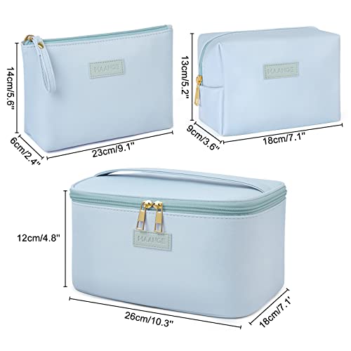 MAANGE Makeup Bag Large Cosmetic Bag with 2pcs Small Makeup Bags Portable Leather Travel Makeup Bag Set Toiletry Bag Make Up Bags for Women and Girls (Blue) - color: Blue