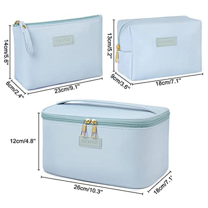 MAANGE Makeup Bag Large Cosmetic Bag with 2pcs Small Makeup Bags Portable Leather Travel Makeup Bag Set Toiletry Bag Make Up Bags for Women and Girls (Blue) - color: Blue