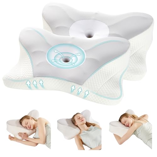 OLIXIS Set of 2 Ergonomic Cervical Pillows, Cooling Memory Foam Contour Pillow, Neck Support Pillow for Side Back Stomach Sleepers with Washable Ice Silk Cover, Queen Size, Gray - color: Light Grey, size: Queen Size 2 Pack