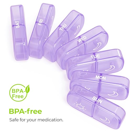 AUVON XL Weekly Pill Organizer 2 Times a Day, Pill Box 7 Day with One-Side Large Openings for Easy to Use, Black Privacy Protection AM PM Pill Case for Medication, Vitamins, Fish Oils, Supplements - color: Light Purple