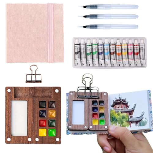 Aimery Mini Watercolor Paint Travel Set, Portable Pocket Size Water Color Painting Kit with Wooden Palette, Refillable Brush & Sketchbook(Pink) – Gift for Birthdays, Beginners, Art Lovers - style: Pink
